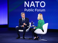 US Secretary of State Antony Blinken speaks at the Public Forum during the 75th NATO Summit in the Walter E. Washington Convention Center in...