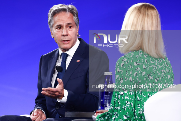 US Secretary of State Antony Blinken speaks at the Public Forum during the 75th NATO Summit in the Walter E. Washington Convention Center in...