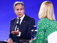 US Secretary of State Antony Blinken speaks at the Public Forum during the 75th NATO Summit in the Walter E. Washington Convention Center in...