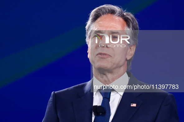 US Secretary of State Antony Blinken speaks at the Public Forum during the 75th NATO Summit in the Walter E. Washington Convention Center in...