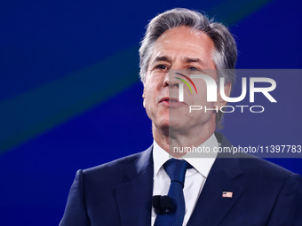 US Secretary of State Antony Blinken speaks at the Public Forum during the 75th NATO Summit in the Walter E. Washington Convention Center in...