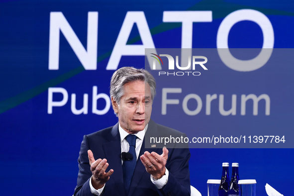 US Secretary of State Antony Blinken speaks at the Public Forum during the 75th NATO Summit in the Walter E. Washington Convention Center in...