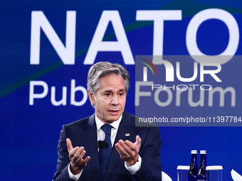 US Secretary of State Antony Blinken speaks at the Public Forum during the 75th NATO Summit in the Walter E. Washington Convention Center in...