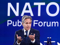 US Secretary of State Antony Blinken speaks at the Public Forum during the 75th NATO Summit in the Walter E. Washington Convention Center in...