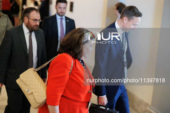 Karen Pierce, British Ambassador to the United States, departs a meeting between a bipartisan group of U.S. Senators and leaders from NATO o...