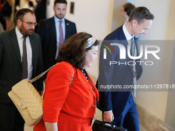 Karen Pierce, British Ambassador to the United States, departs a meeting between a bipartisan group of U.S. Senators and leaders from NATO o...