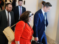 Karen Pierce, British Ambassador to the United States, departs a meeting between a bipartisan group of U.S. Senators and leaders from NATO o...