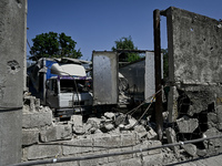 Trucks are being damaged by the July 8 Russian missile attack in Vilniansk, Zaporizhzhia region, southeastern Ukraine, on July 9, 2024. NO U...