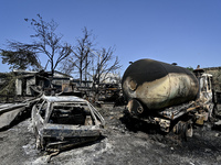 Burnt-out cars are being pictured after the July 8 Russian missile attack in Vilniansk, Ukraine, on July 9, 2024. NO USE RUSSIA. NO USE BELA...