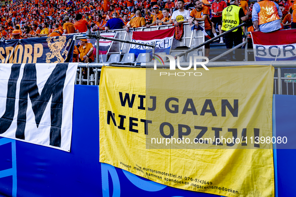 A banner reading ''Wij gaan niet opzij'' is being displayed during the match between the Netherlands and England at the BVB Stadion Dortmund...