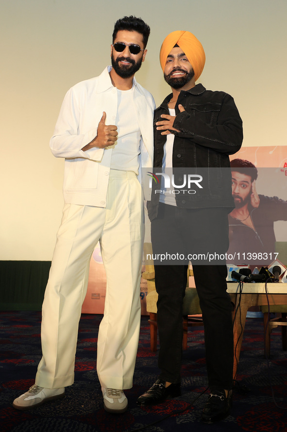 Bollywood actors Vicky Kaushal and Ammy Virk are promoting their upcoming movie 'Bad Newz' at an event in Jaipur, Rajasthan, India, on July...