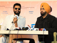 Bollywood actors Vicky Kaushal and Ammy Virk are addressing a press conference during their upcoming movie 'Bad Newz' promotional event in J...