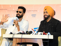 Bollywood actors Vicky Kaushal and Ammy Virk are addressing a press conference during their upcoming movie 'Bad Newz' promotional event in J...