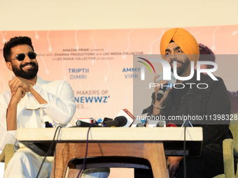 Bollywood actors Vicky Kaushal and Ammy Virk are addressing a press conference during their upcoming movie 'Bad Newz' promotional event in J...