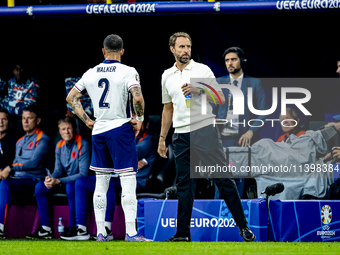 England trainer Gareth Southgate is coaching during the match between the Netherlands and England (EURO 2024) at the BVB Stadion Dortmund fo...