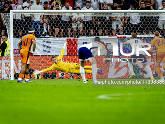 England forward Harry Kane is scoring the 1-1 during the match between the Netherlands and England (EURO 2024) at the BVB Stadion Dortmund f...