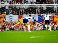 England forward Harry Kane is scoring the 1-1 during the match between the Netherlands and England (EURO 2024) at the BVB Stadion Dortmund f...