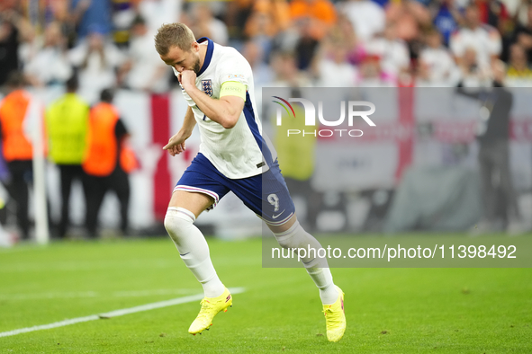 Harry Kane centre-forward of England and Bayern Munich celebrates after scoring his sides first goal during the UEFA EURO 2024 semi-final ma...