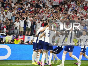 Harry Kane centre-forward of England and Bayern Munich celebrates after scoring his sides first goal during the UEFA EURO 2024 semi-final ma...