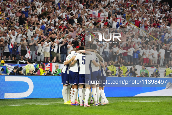 Harry Kane centre-forward of England and Bayern Munich celebrates after scoring his sides first goal during the UEFA EURO 2024 semi-final ma...