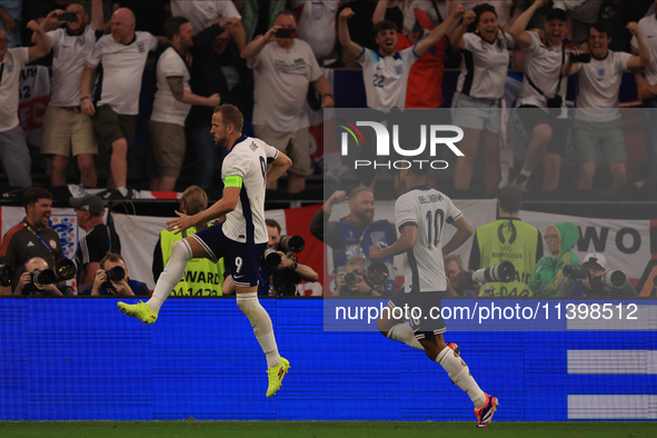 Harry Kane (England) is scoring his team's first goal during the Semi-Final of the UEFA European Championship between England and Netherland...