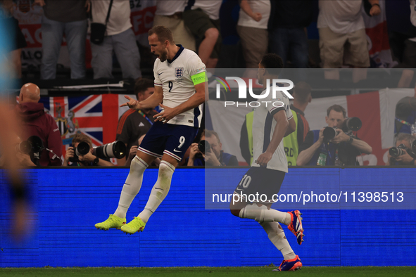 Harry Kane (England) is scoring his team's first goal during the Semi-Final of the UEFA European Championship between England and Netherland...