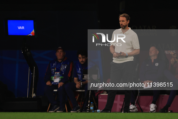 Gareth Southgate, England manager, is participating in the Semi Final of the UEFA European Championship between England and Netherlands at t...