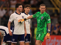 Declan Rice (England) is having heated words with Jordan Pickford (England) during the Semi Final of the UEFA European Championship between...