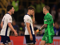 Declan Rice (England) is having heated words with Jordan Pickford (England) during the Semi Final of the UEFA European Championship between...