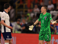 Declan Rice (England) is having heated words with Jordan Pickford (England) during the Semi Final of the UEFA European Championship between...