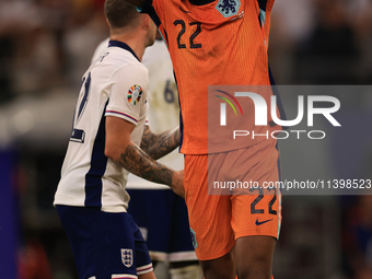 Denzel Dumfries (Netherlands) is hitting the woodwork with a header during the Semi Final of the UEFA European Championship between England...