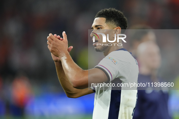 Jude Bellingham attacking midfield of England and Real Madrid celebrates victory after the UEFA EURO 2024 semi-final match between Netherlan...