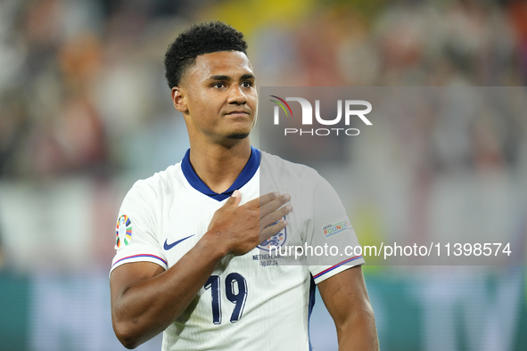 Ollie Watkins centre-forward of England and Aston Villa celebrates victory after  the UEFA EURO 2024 semi-final match between Netherlands an...