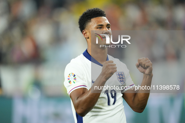 Ollie Watkins centre-forward of England and Aston Villa celebrates victory after  the UEFA EURO 2024 semi-final match between Netherlands an...