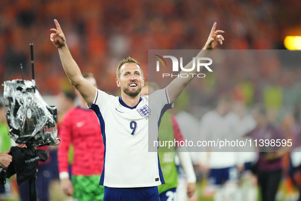 Harry Kane centre-forward of England and Bayern Munich celebrates victory after during the UEFA EURO 2024 semi-final match between Netherlan...