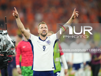 Harry Kane centre-forward of England and Bayern Munich celebrates victory after during the UEFA EURO 2024 semi-final match between Netherlan...