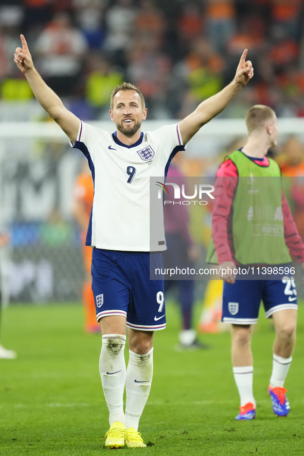 Harry Kane centre-forward of England and Bayern Munich celebrates victory after the UEFA EURO 2024 semi-final match between Netherlands and...