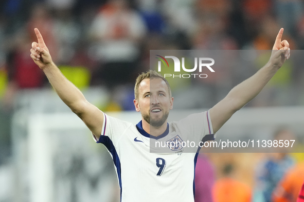 Harry Kane centre-forward of England and Bayern Munich celebrates victory after the UEFA EURO 2024 semi-final match between Netherlands and...