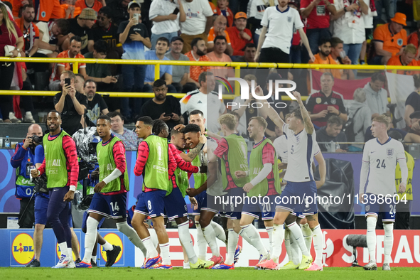 Ollie Watkins centre-forward of England and Aston Villa celebrates after scoring his sides first goal during the UEFA EURO 2024 semi-final m...