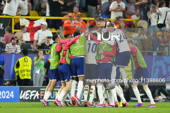 Ollie Watkins centre-forward of England and Aston Villa celebrates after scoring his sides first goal during the UEFA EURO 2024 semi-final m...