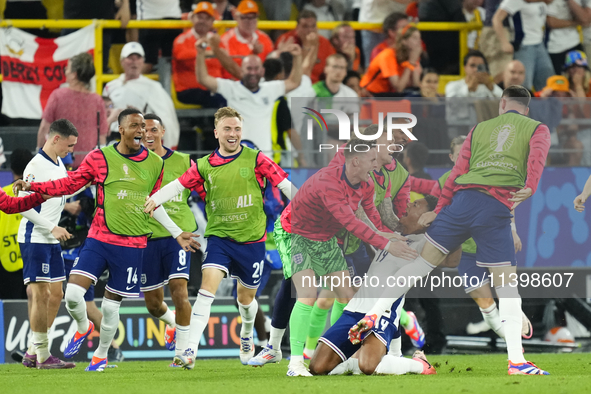 Ollie Watkins centre-forward of England and Aston Villa celebrates after scoring his sides first goal during the UEFA EURO 2024 semi-final m...