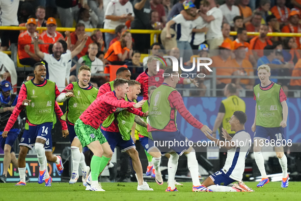 Ollie Watkins centre-forward of England and Aston Villa celebrates after scoring his sides first goal during the UEFA EURO 2024 semi-final m...