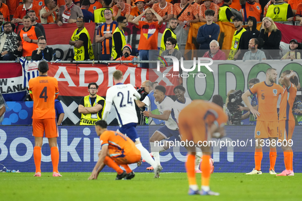 Ollie Watkins centre-forward of England and Aston Villa celebrates after scoring his sides first goal during the UEFA EURO 2024 semi-final m...