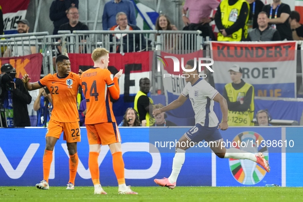 Ollie Watkins centre-forward of England and Aston Villa celebrates after scoring his sides first goal during the UEFA EURO 2024 semi-final m...