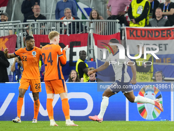 Ollie Watkins centre-forward of England and Aston Villa celebrates after scoring his sides first goal during the UEFA EURO 2024 semi-final m...