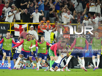 Ollie Watkins centre-forward of England and Aston Villa celebrates after scoring his sides first goal during the UEFA EURO 2024 semi-final m...