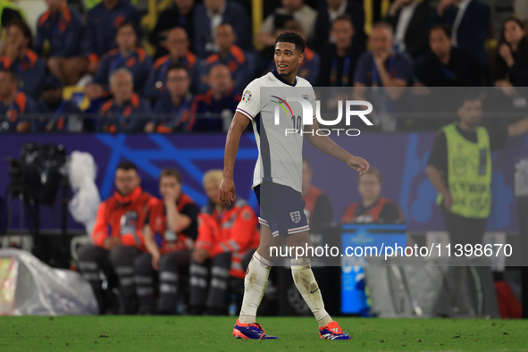 Jude Bellingham (England) is being shown a yellow card during the Semi Final of the UEFA European Championship between England and Netherlan...