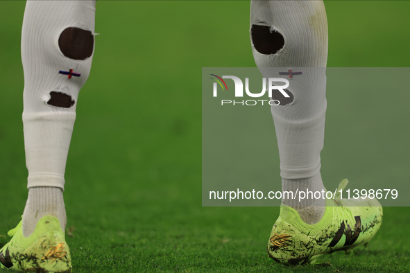 Bukayo Saka (England) is wearing his holed socks during the Semi Final of the UEFA European Championship between England and Netherlands at...