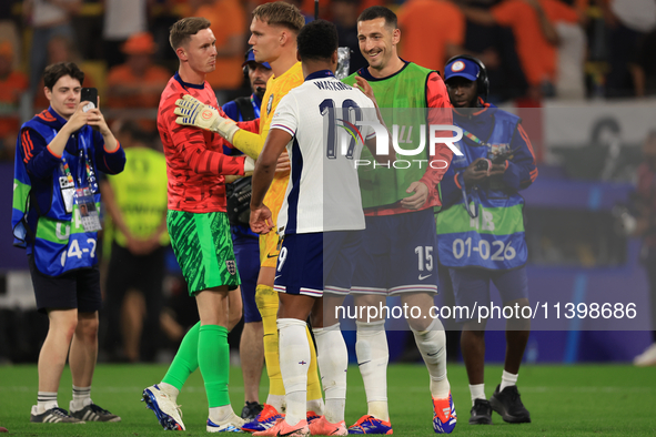 Ollie Watkins (England) is being congratulated by Lewis Dunk (England) after the Semi Final of the UEFA European Championship between Englan...