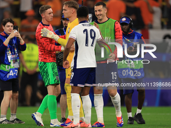 Ollie Watkins (England) is being congratulated by Lewis Dunk (England) after the Semi Final of the UEFA European Championship between Englan...